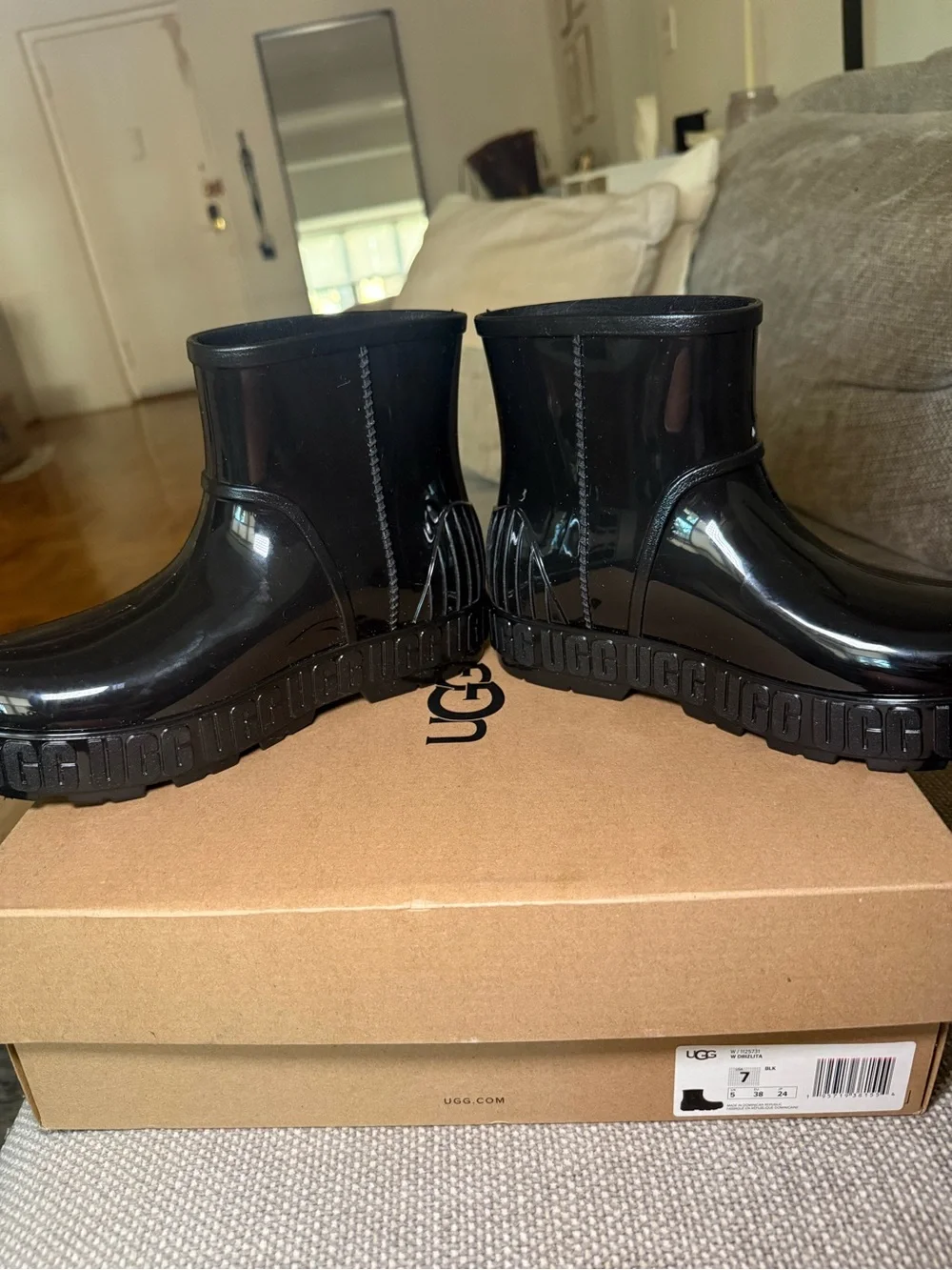 UGG Glossy Black Short Rain Boots with Branded Sole